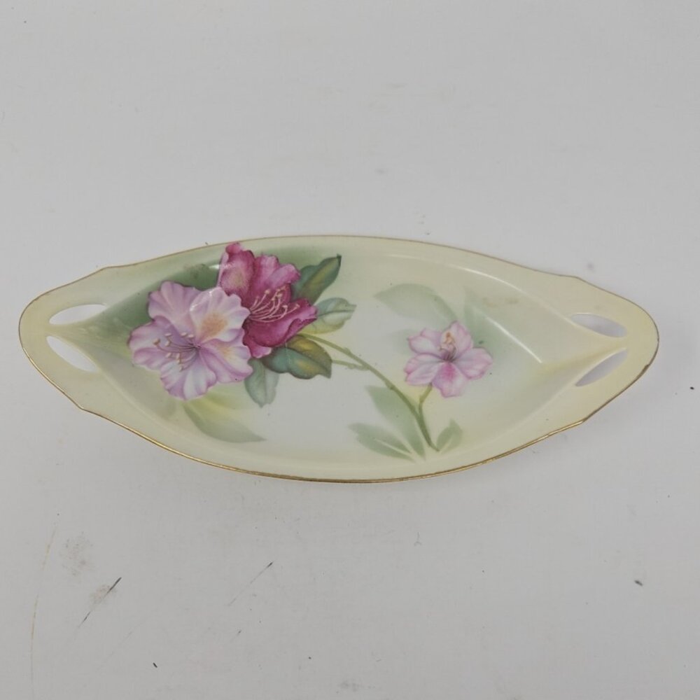 Antique RS Germany Prussia Porcelain Celery Dish Bowl Azalea Flowers 9.25"